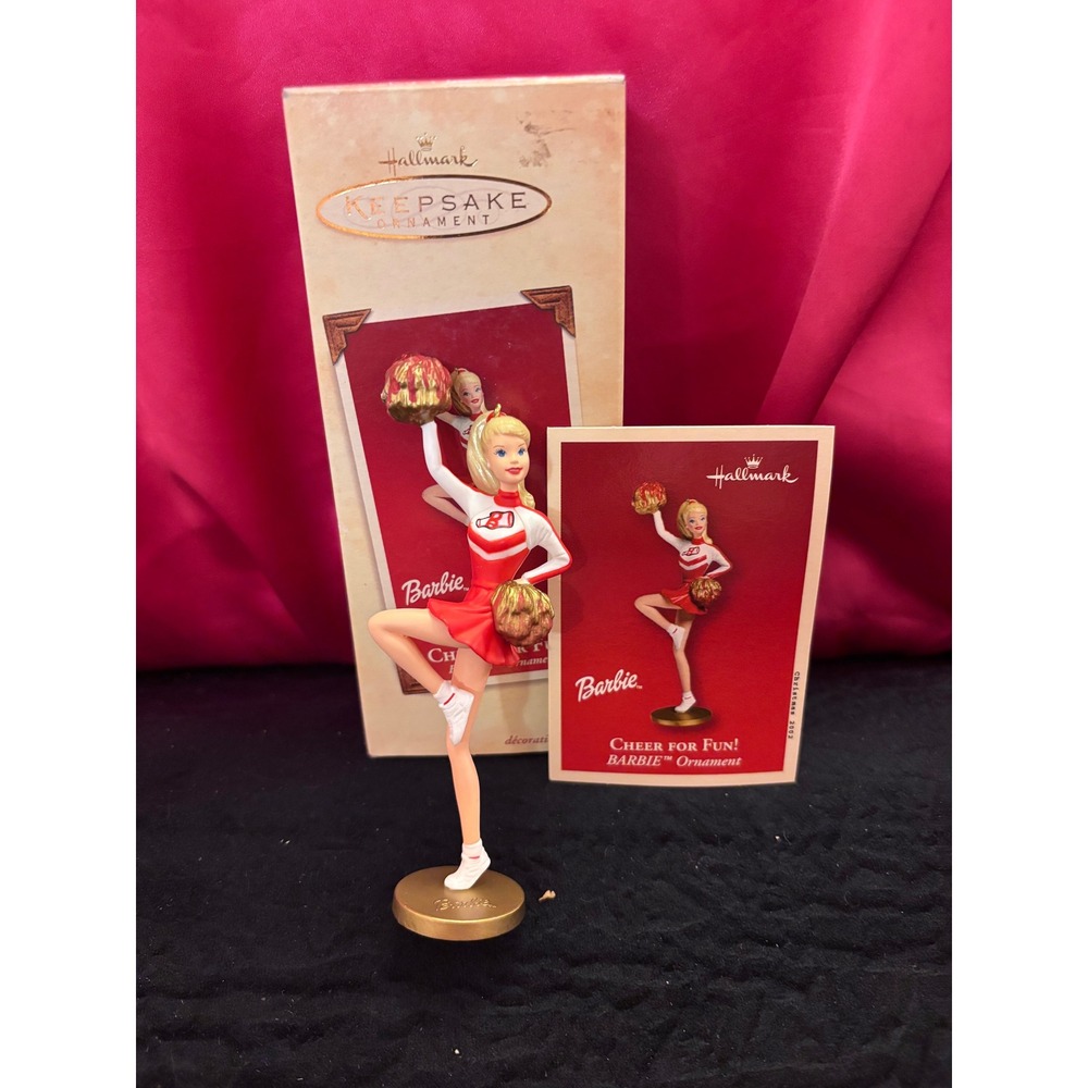2002 Hallmark Keepsake Cheer for Fun Barbie Ornament Red White Cheerleader Box